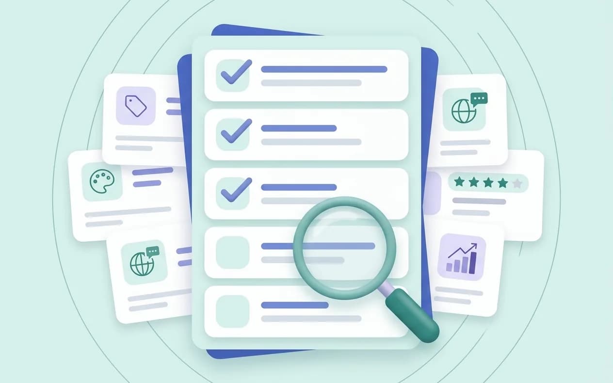 Büyüteçle incelenen ASO kontrol listesi; metadata, görsel, yerelleştirme, yorum ve ölçüm kanıtları çevresinde düzenlenmiş illüstrasyon