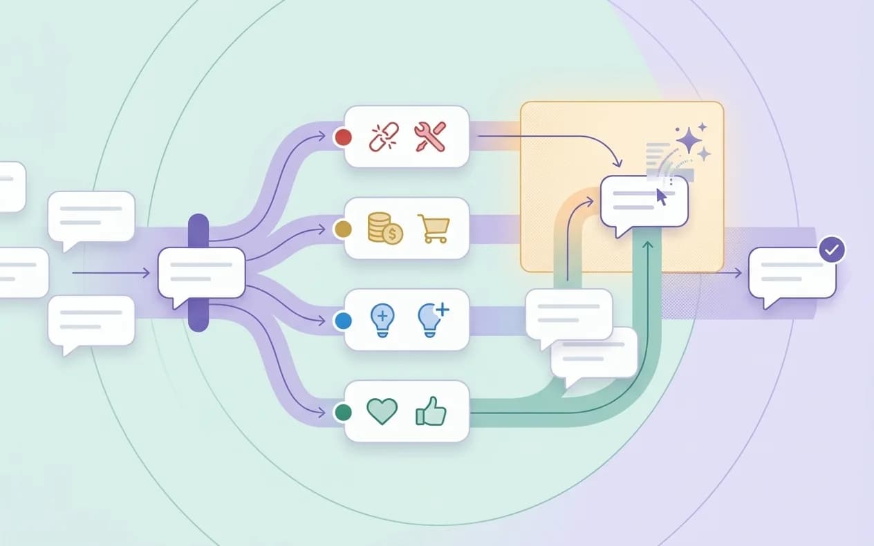 Review cards grouped into themes and turned into a human-approved response workflow